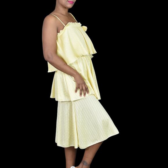 Vintage Tiered Midi Dress Yellow Ruffle Plisse Lemon 70s Pastel Homemade Large - Picture 13 of 14